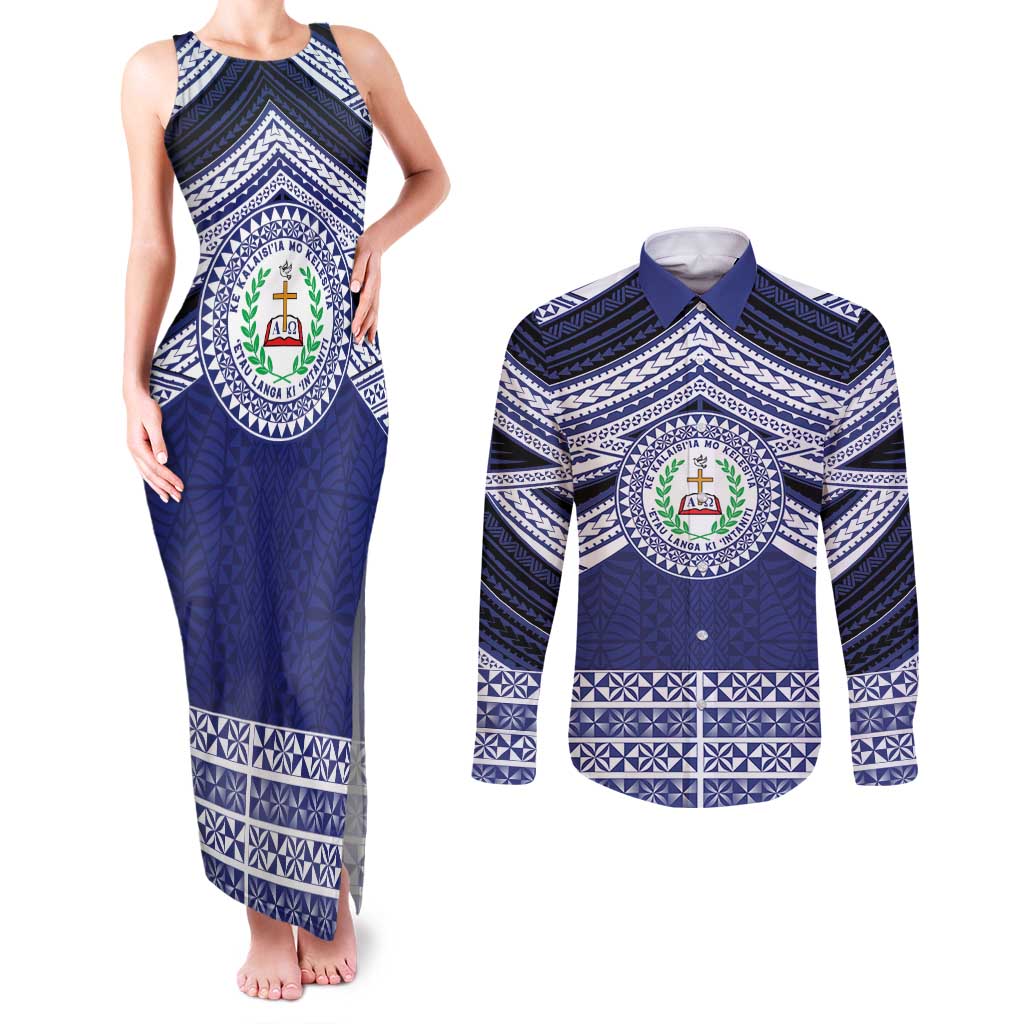 Personalised Tonga Sia'atoutai Theological College Couples Matching Tank Maxi Dress and Long Sleeve Button Shirt Polynesian Ngatu Tribal