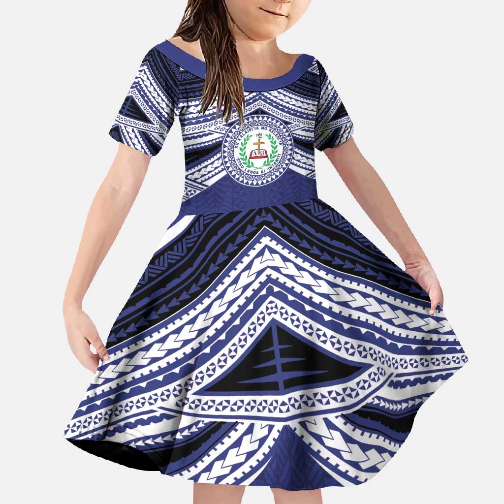 Personalised Tonga Sia'atoutai Theological College Family Matching Mermaid Dress and Hawaiian Shirt Polynesian Ngatu Tribal LT9 Daughter's Dress Blue - Polynesian Pride