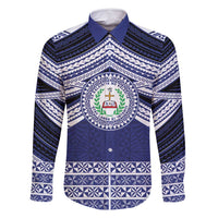 Personalised Tonga Sia'atoutai Theological College Family Matching Mermaid Dress and Hawaiian Shirt Polynesian Ngatu Tribal LT9 Dad's Shirt - Long Sleeve Blue - Polynesian Pride