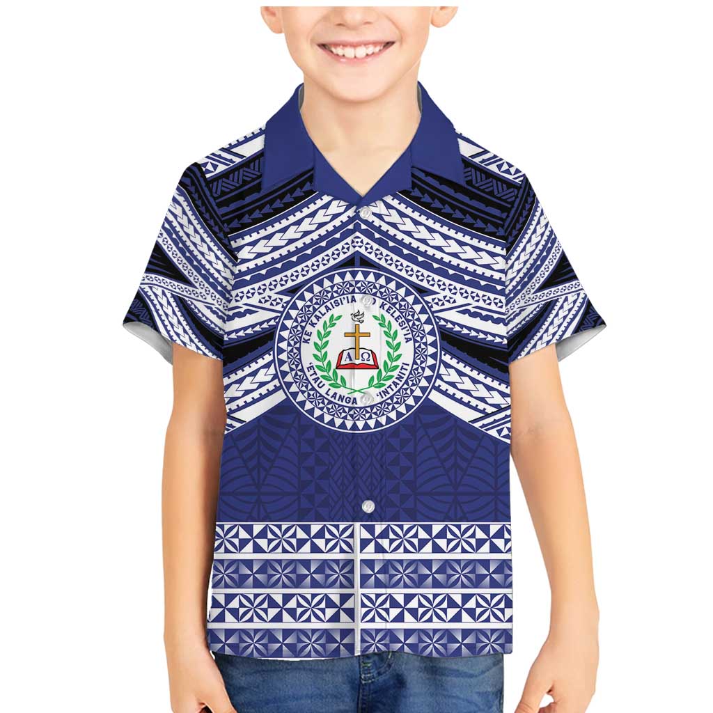 Personalised Tonga Sia'atoutai Theological College Family Matching Mermaid Dress and Hawaiian Shirt Polynesian Ngatu Tribal LT9 Son's Shirt Blue - Polynesian Pride