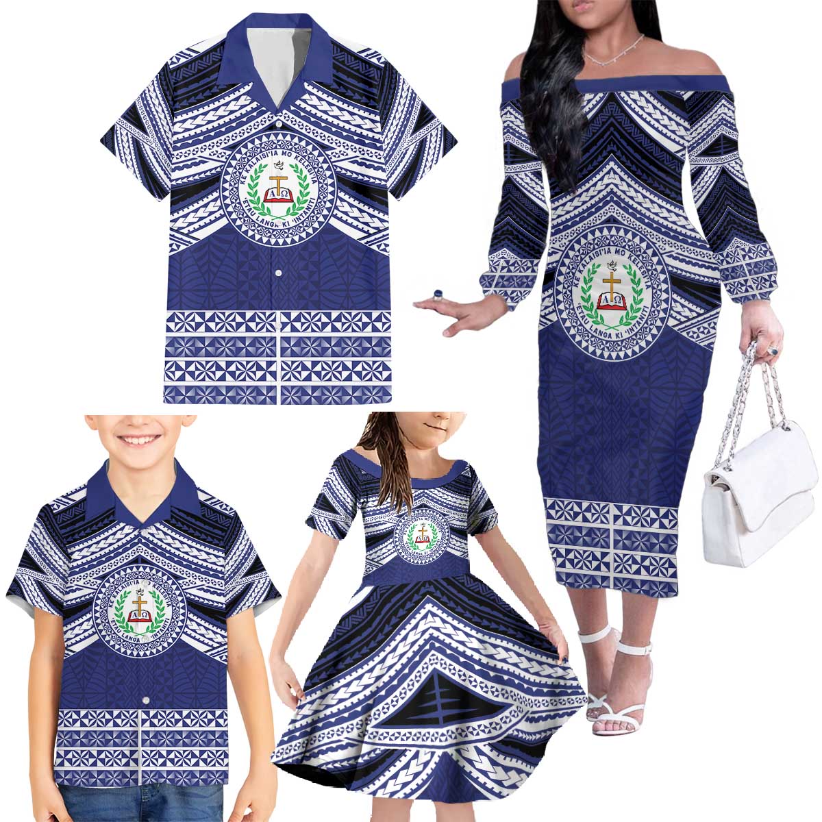 Personalised Tonga Sia'atoutai Theological College Family Matching Off The Shoulder Long Sleeve Dress and Hawaiian Shirt Polynesian Ngatu Tribal