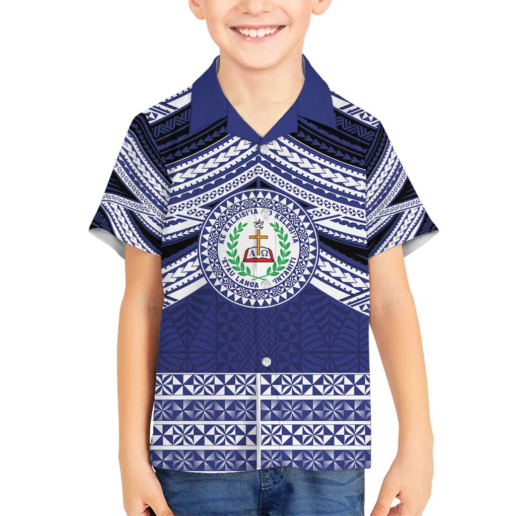 Personalised Tonga Sia'atoutai Theological College Family Matching Off Shoulder Maxi Dress and Hawaiian Shirt Polynesian Ngatu Tribal LT9 Son's Shirt Blue - Polynesian Pride