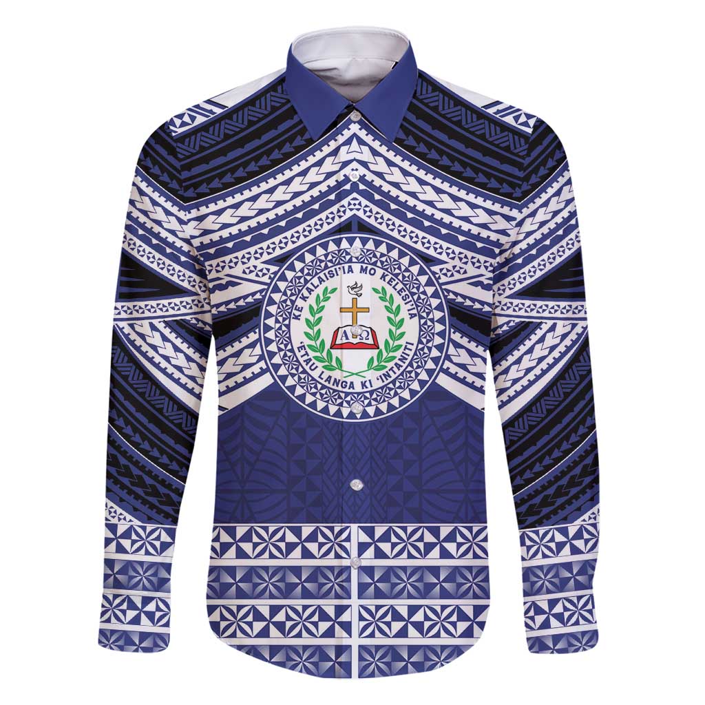 Personalised Tonga Sia'atoutai Theological College Family Matching Off Shoulder Short Dress and Hawaiian Shirt Polynesian Ngatu Tribal LT9 Dad's Shirt - Long Sleeve Blue - Polynesian Pride