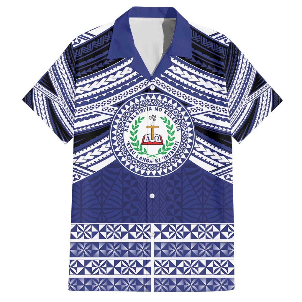 Personalised Tonga Sia'atoutai Theological College Family Matching Puletasi and Hawaiian Shirt Polynesian Ngatu Tribal LT9 Dad's Shirt - Short Sleeve Blue - Polynesian Pride