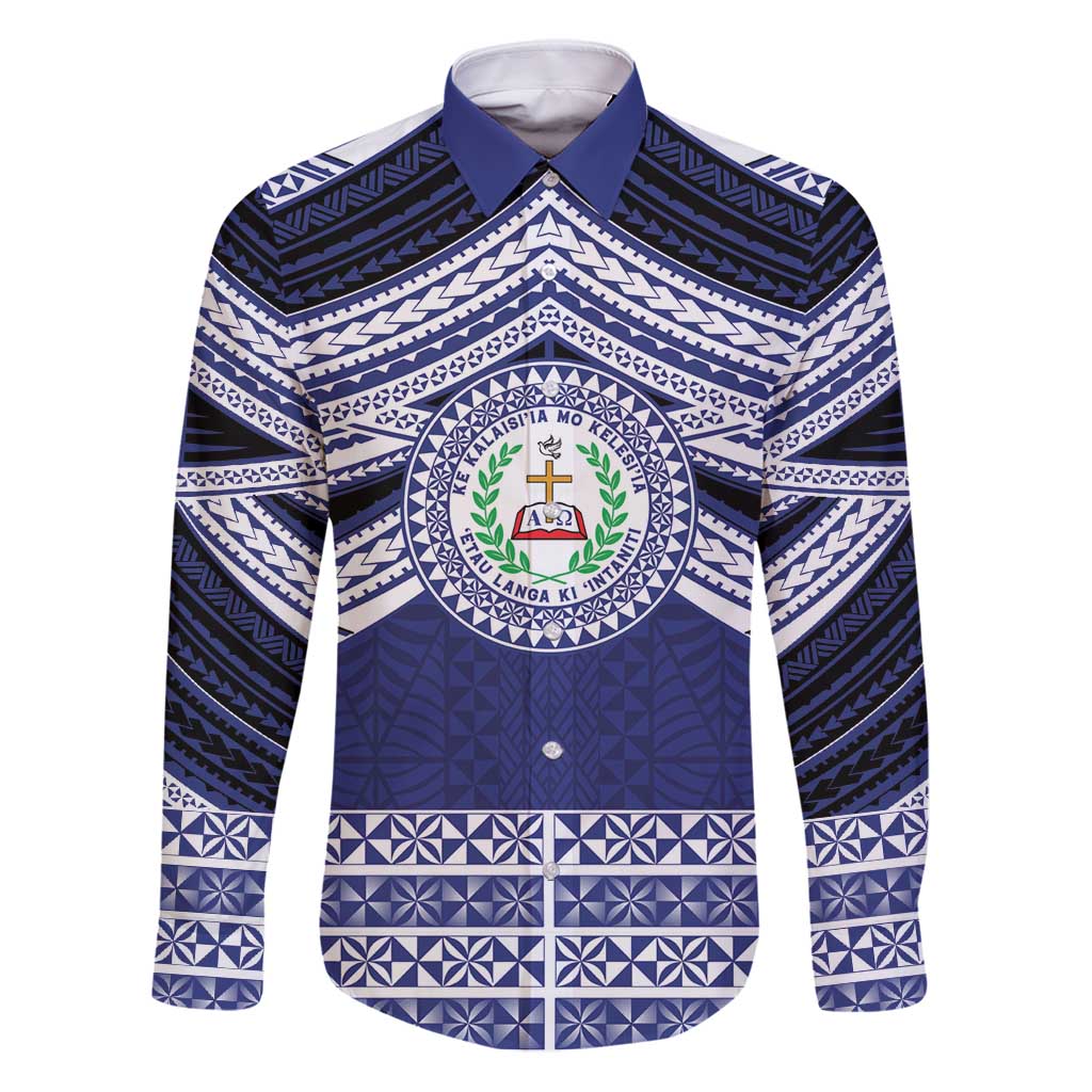 Personalised Tonga Sia'atoutai Theological College Family Matching Puletasi and Hawaiian Shirt Polynesian Ngatu Tribal LT9 Dad's Shirt - Long Sleeve Blue - Polynesian Pride