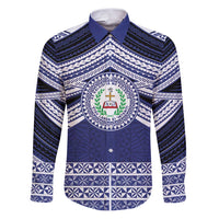 Personalised Tonga Sia'atoutai Theological College Family Matching Puletasi and Hawaiian Shirt Polynesian Ngatu Tribal LT9 Dad's Shirt - Long Sleeve Blue - Polynesian Pride