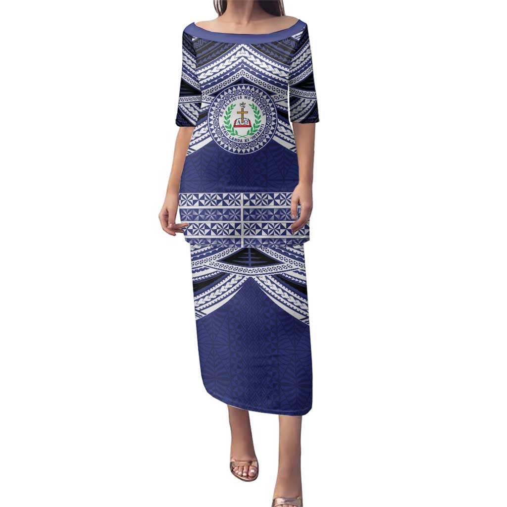 Personalised Tonga Sia'atoutai Theological College Family Matching Puletasi and Hawaiian Shirt Polynesian Ngatu Tribal LT9 Mom's Dress Blue - Polynesian Pride