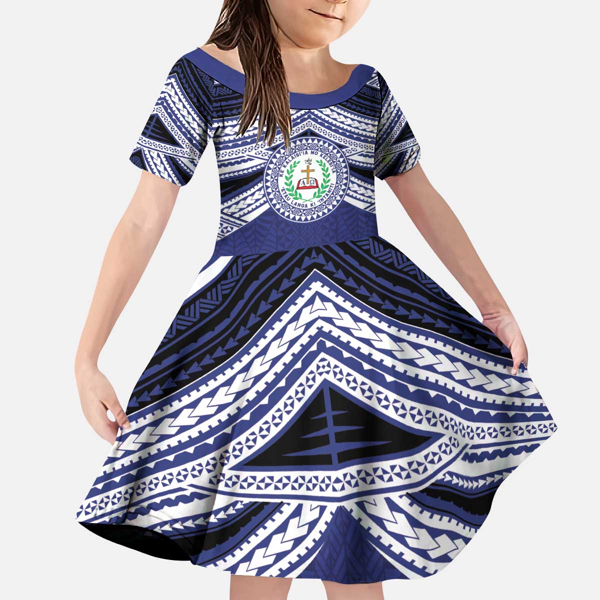 Personalised Tonga Sia'atoutai Theological College Kid Short Sleeve Dress Polynesian Ngatu Tribal LT9 KID Blue - Polynesian Pride