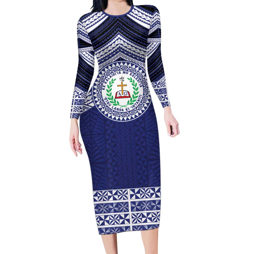 Personalised Tonga Sia'atoutai Theological College Long Sleeve Bodycon Dress Polynesian Ngatu Tribal LT9 Long Dress Blue - Polynesian Pride