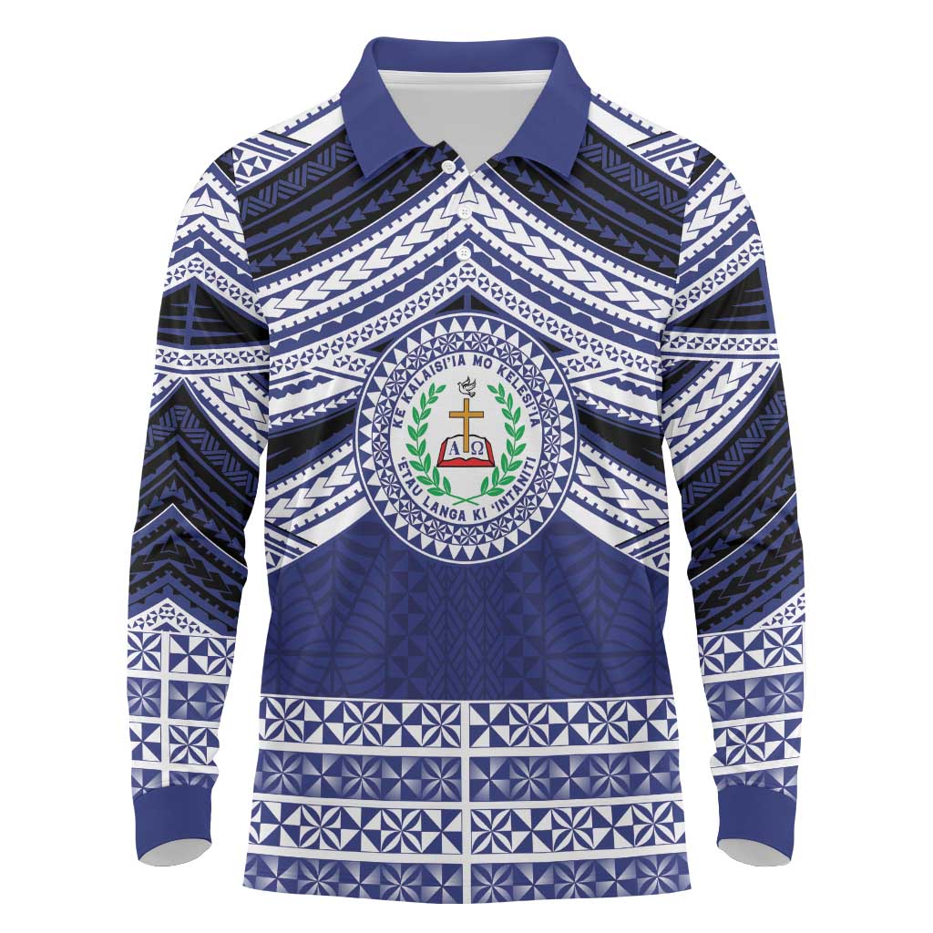 Personalised Tonga Sia'atoutai Theological College Long Sleeve Polo Shirt Polynesian Ngatu Tribal LT9 Blue - Polynesian Pride