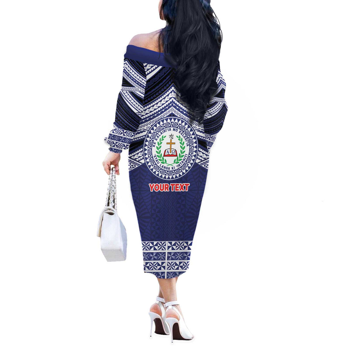Personalised Tonga Sia'atoutai Theological College Off The Shoulder Long Sleeve Dress Polynesian Ngatu Tribal LT9 - Polynesian Pride