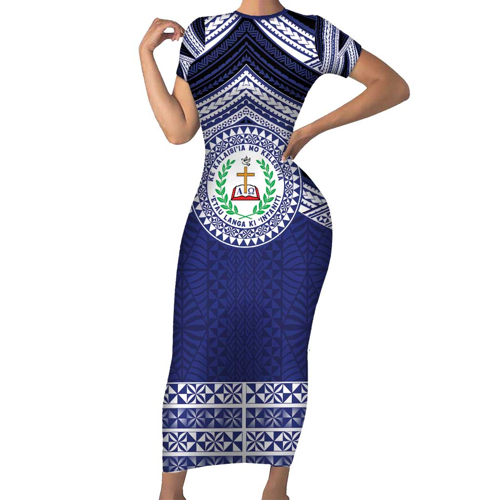 Personalised Tonga Sia'atoutai Theological College Short Sleeve Bodycon Dress Polynesian Ngatu Tribal LT9 Long Dress Blue - Polynesian Pride