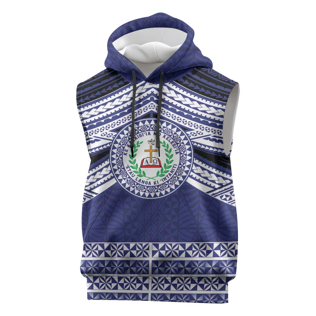 Personalised Tonga Sia'atoutai Theological College Sleeveless Hoodie Polynesian Ngatu Tribal LT9 Blue - Polynesian Pride