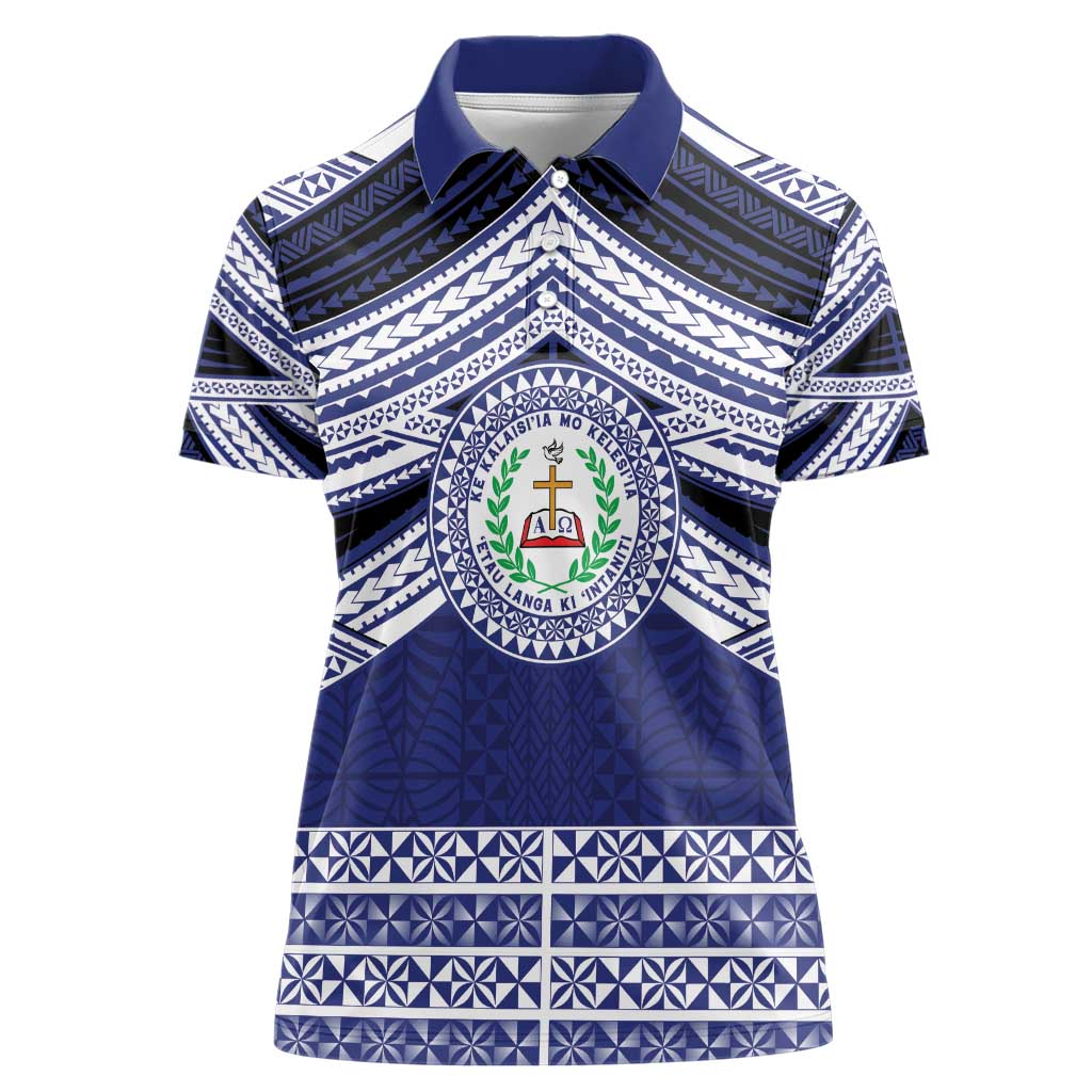Personalised Tonga Sia'atoutai Theological College Women Polo Shirt Polynesian Ngatu Tribal LT9 Female Blue - Polynesian Pride