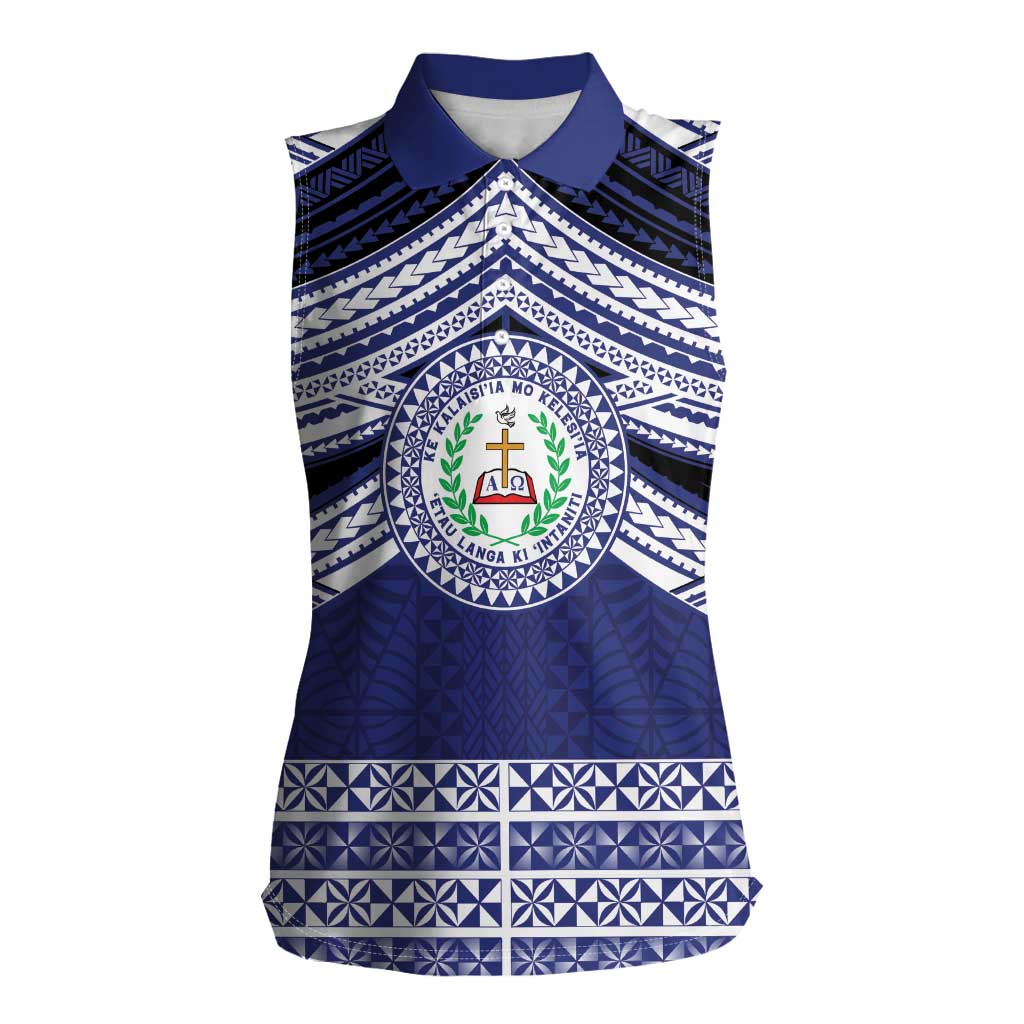 Personalised Tonga Sia'atoutai Theological College Women Sleeveless Polo Shirt Polynesian Ngatu Tribal LT9 Female Blue - Polynesian Pride