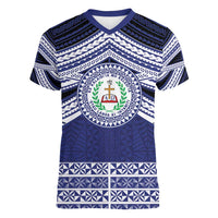 Personalised Tonga Sia'atoutai Theological College Women V-Neck T-Shirt Polynesian Ngatu Tribal LT9 Female Blue - Polynesian Pride