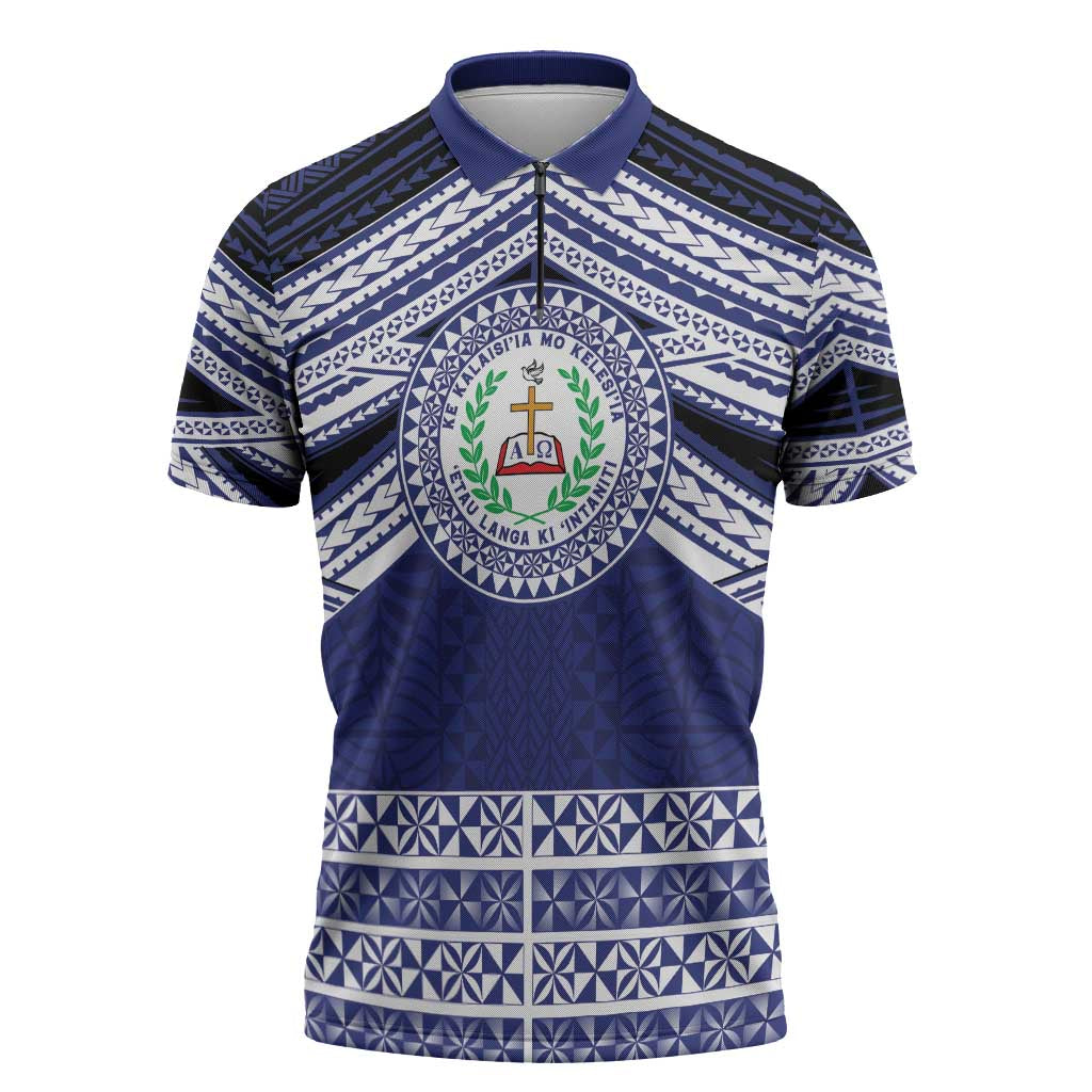 Personalised Tonga Sia'atoutai Theological College Zipper Polo Shirt Polynesian Ngatu Tribal LT9 Blue - Polynesian Pride