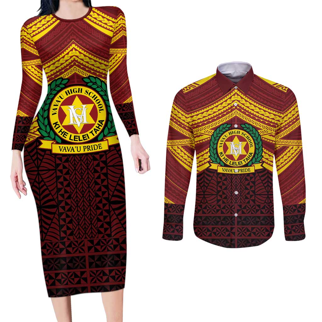 Personalised Tonga Vava'u High School Couples Matching Long Sleeve Bodycon Dress and Long Sleeve Button Shirt Polynesian Ngatu Tribal