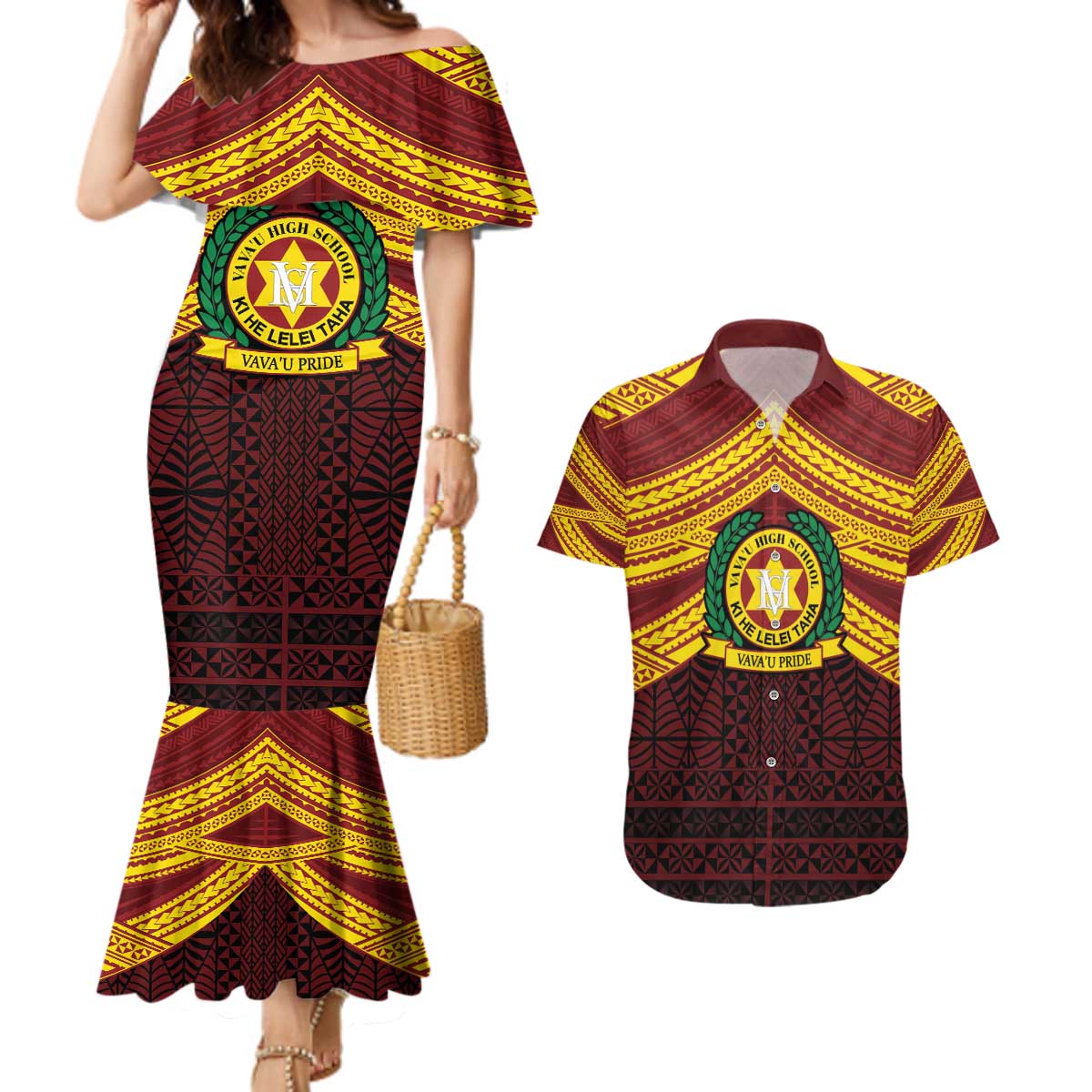 Personalised Tonga Vava'u High School Couples Matching Mermaid Dress and Hawaiian Shirt Polynesian Ngatu Tribal