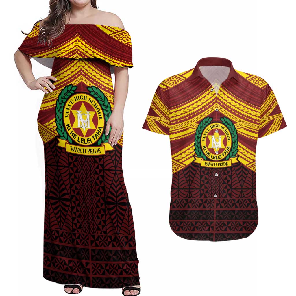 Personalised Tonga Vava'u High School Couples Matching Off Shoulder Maxi Dress and Hawaiian Shirt Polynesian Ngatu Tribal LT9 Red - Polynesian Pride