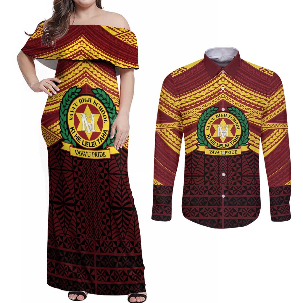 Personalised Tonga Vava'u High School Couples Matching Off Shoulder Maxi Dress and Long Sleeve Button Shirt Polynesian Ngatu Tribal LT9 Red - Polynesian Pride