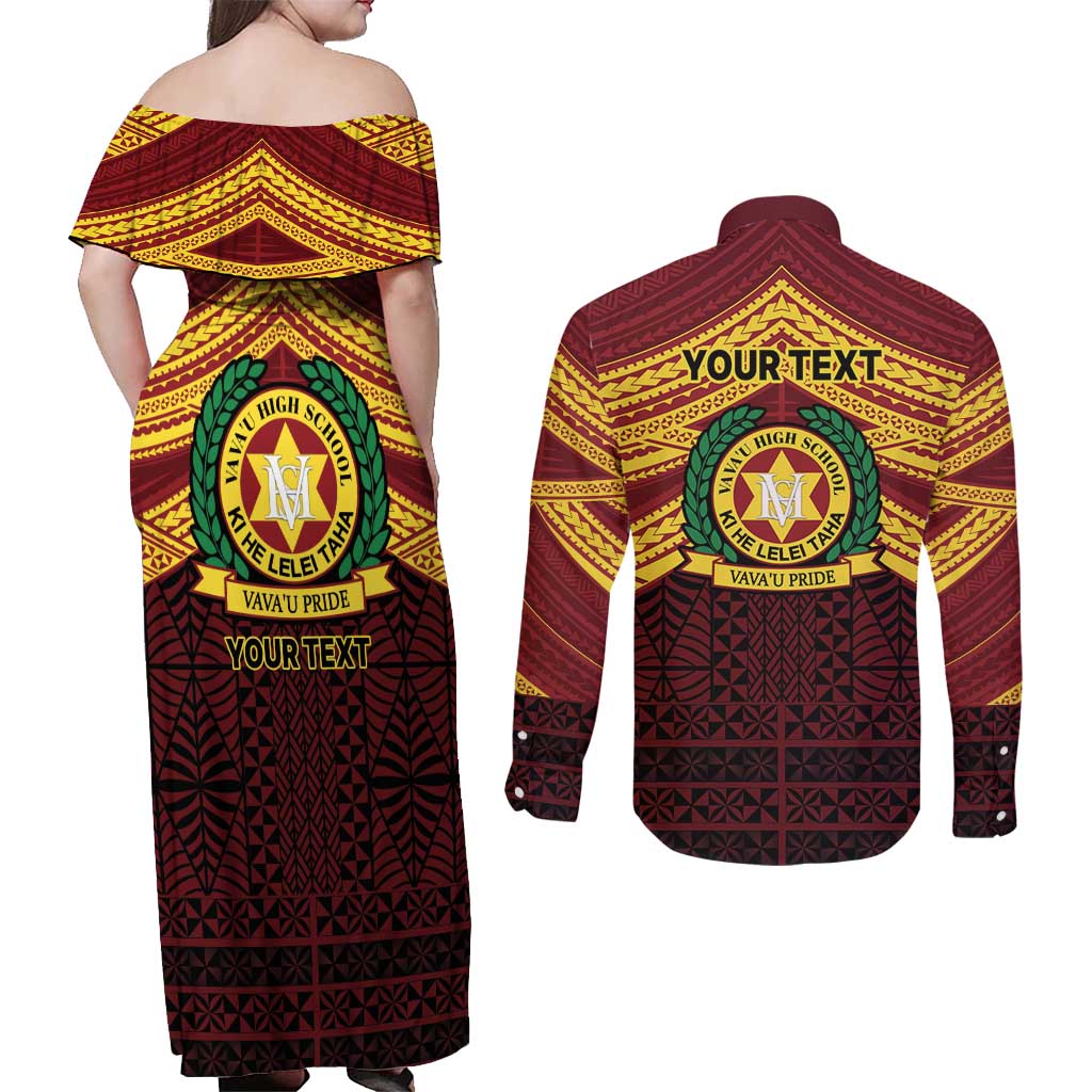 Personalised Tonga Vava'u High School Couples Matching Off Shoulder Maxi Dress and Long Sleeve Button Shirt Polynesian Ngatu Tribal LT9 - Polynesian Pride