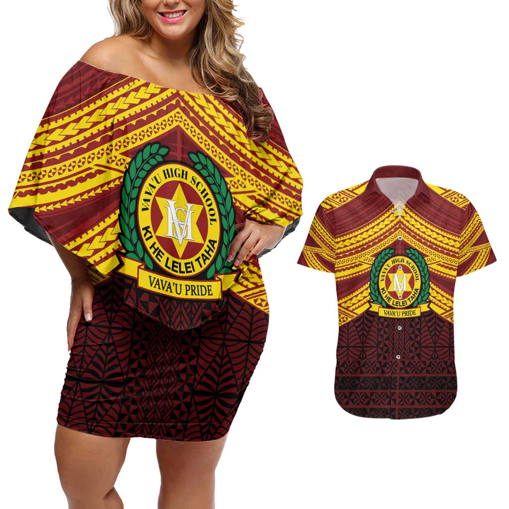 Personalised Tonga Vava'u High School Couples Matching Off Shoulder Short Dress and Hawaiian Shirt Polynesian Ngatu Tribal LT9 Red - Polynesian Pride
