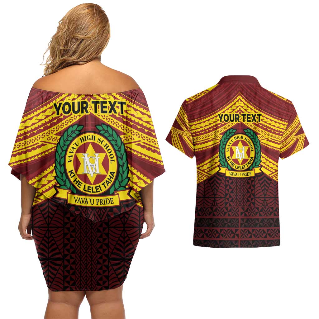 Personalised Tonga Vava'u High School Couples Matching Off Shoulder Short Dress and Hawaiian Shirt Polynesian Ngatu Tribal LT9 - Polynesian Pride