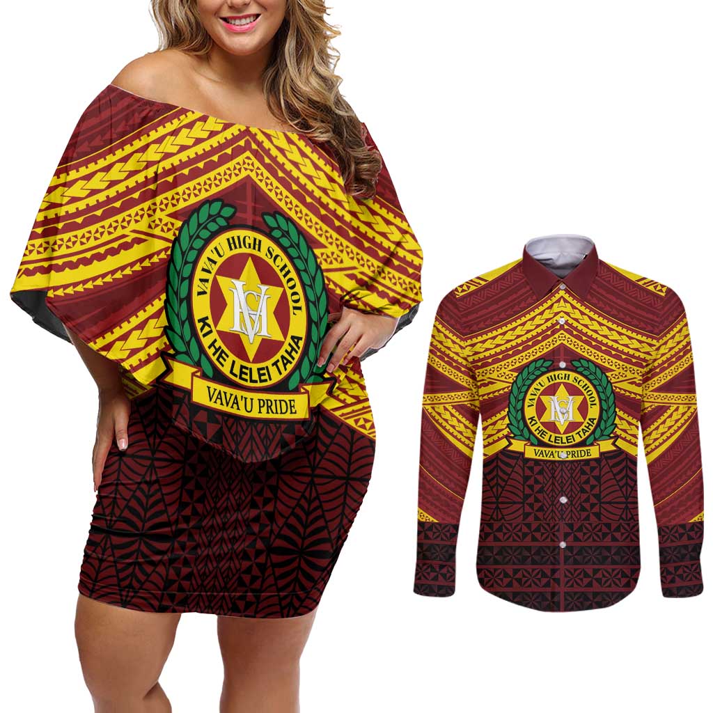 Personalised Tonga Vava'u High School Couples Matching Off Shoulder Short Dress and Long Sleeve Button Shirt Polynesian Ngatu Tribal LT9 Red - Polynesian Pride