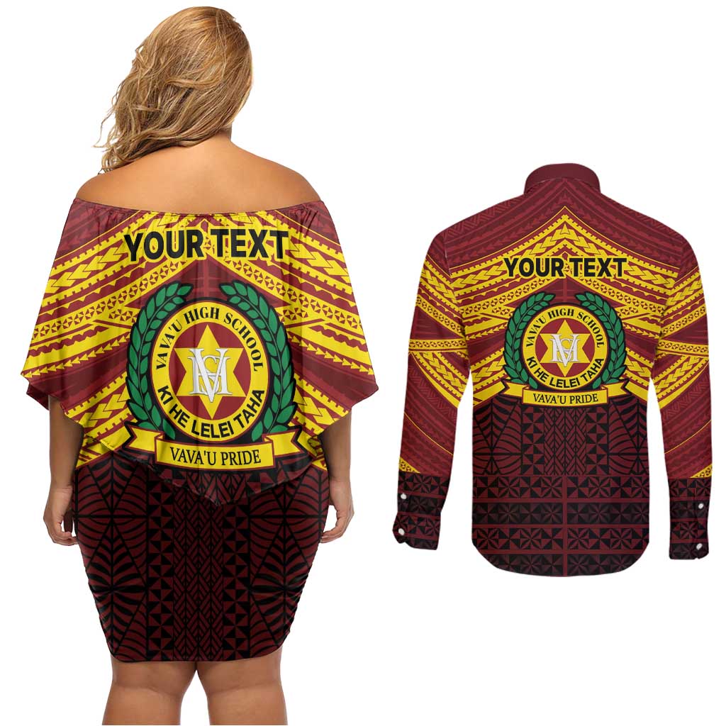 Personalised Tonga Vava'u High School Couples Matching Off Shoulder Short Dress and Long Sleeve Button Shirt Polynesian Ngatu Tribal LT9 - Polynesian Pride