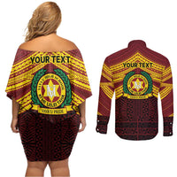 Personalised Tonga Vava'u High School Couples Matching Off Shoulder Short Dress and Long Sleeve Button Shirt Polynesian Ngatu Tribal LT9 - Polynesian Pride