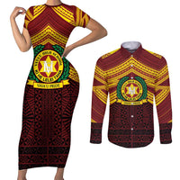 Personalised Tonga Vava'u High School Couples Matching Short Sleeve Bodycon Dress and Long Sleeve Button Shirt Polynesian Ngatu Tribal