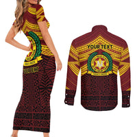 Personalised Tonga Vava'u High School Couples Matching Short Sleeve Bodycon Dress and Long Sleeve Button Shirt Polynesian Ngatu Tribal