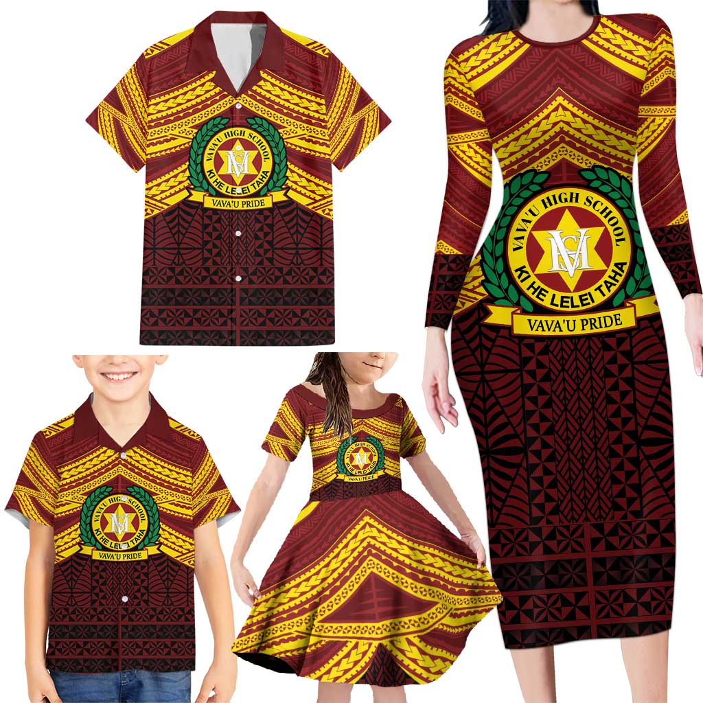 Personalised Tonga Vava'u High School Family Matching Long Sleeve Bodycon Dress and Hawaiian Shirt Polynesian Ngatu Tribal