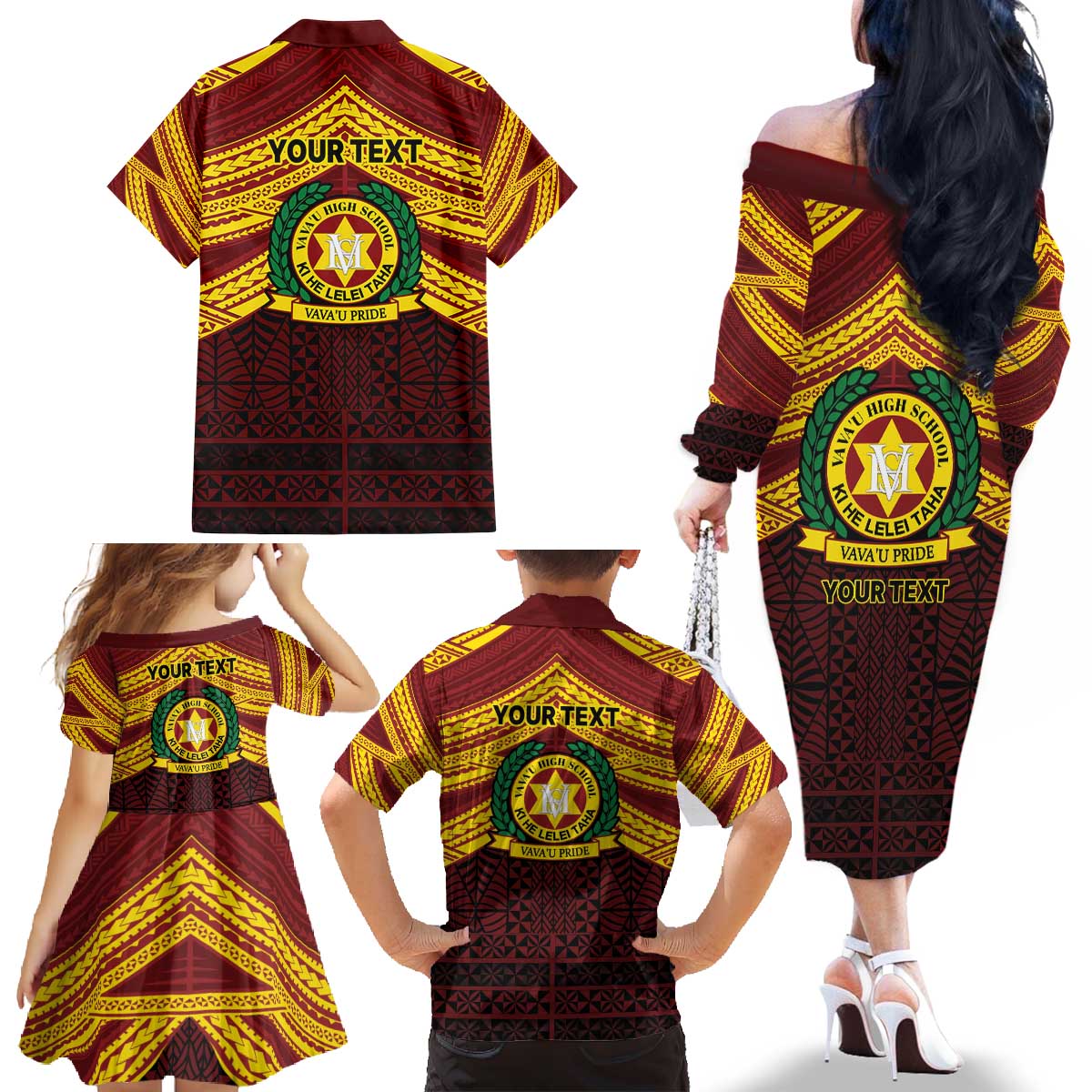Personalised Tonga Vava'u High School Family Matching Off The Shoulder Long Sleeve Dress and Hawaiian Shirt Polynesian Ngatu Tribal