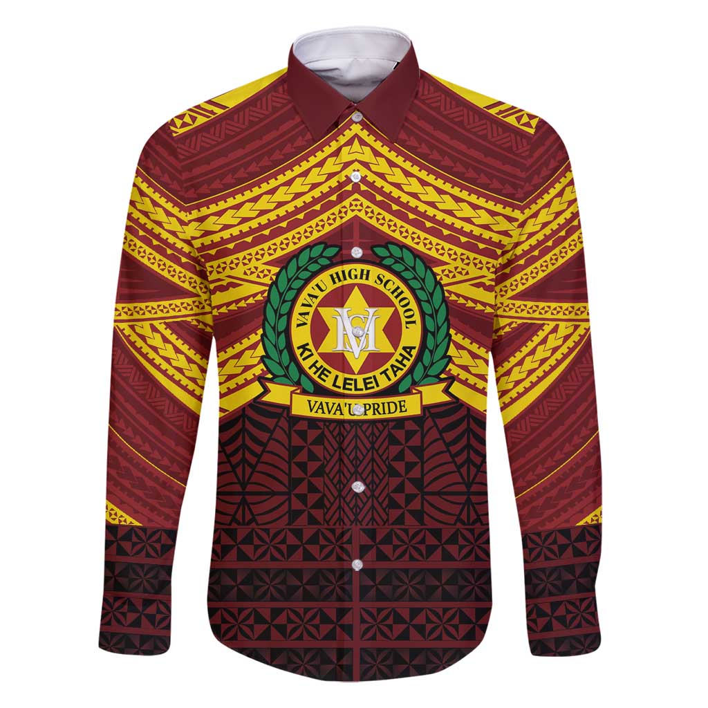 Personalised Tonga Vava'u High School Family Matching Off Shoulder Maxi Dress and Hawaiian Shirt Polynesian Ngatu Tribal LT9 Dad's Shirt - Long Sleeve Red - Polynesian Pride