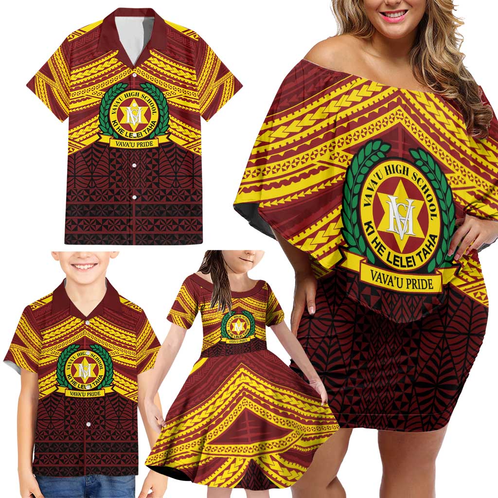 Personalised Tonga Vava'u High School Family Matching Off Shoulder Short Dress and Hawaiian Shirt Polynesian Ngatu Tribal LT9 - Polynesian Pride