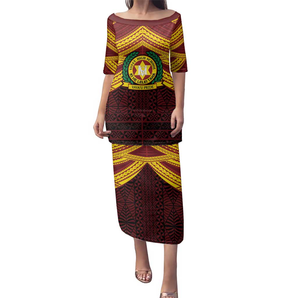 Personalised Tonga Vava'u High School Family Matching Puletasi and Hawaiian Shirt Polynesian Ngatu Tribal LT9 Mom's Dress Red - Polynesian Pride