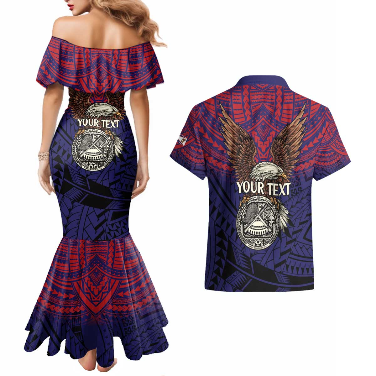 American Samoa Brave Eagle Personalized Couples Matching Mermaid Dress and Hawaiian Shirt National Flag Color