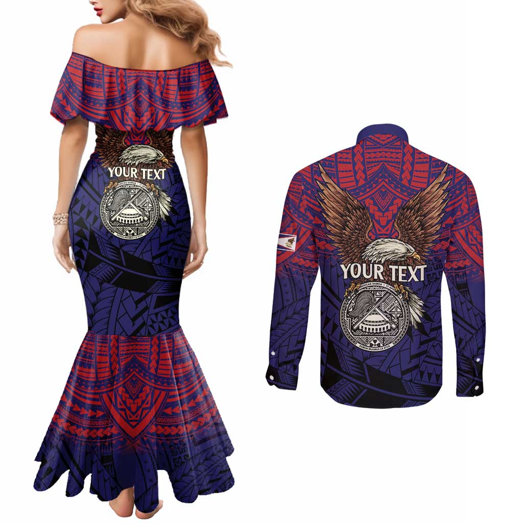 American Samoa Brave Eagle Personalized Couples Matching Mermaid Dress and Long Sleeve Button Shirt National Flag Color