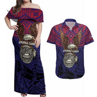 American Samoa Brave Eagle Personalized Couples Matching Off Shoulder Maxi Dress and Hawaiian Shirt National Flag Color LT9 Blue - Polynesian Pride