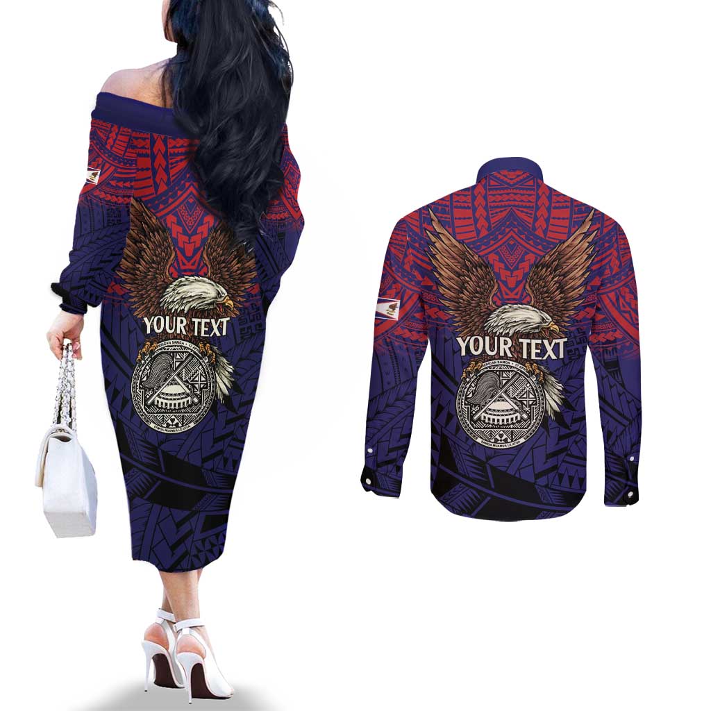 American Samoa Brave Eagle Personalized Couples Matching Off The Shoulder Long Sleeve Dress and Long Sleeve Button Shirt National Flag Color
