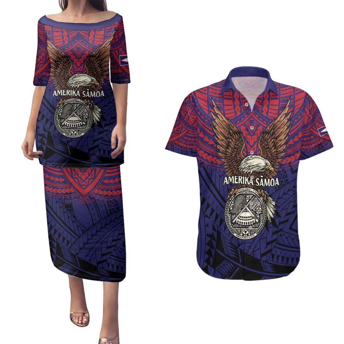 American Samoa Brave Eagle Personalized Couples Matching Puletasi and Hawaiian Shirt National Flag Color