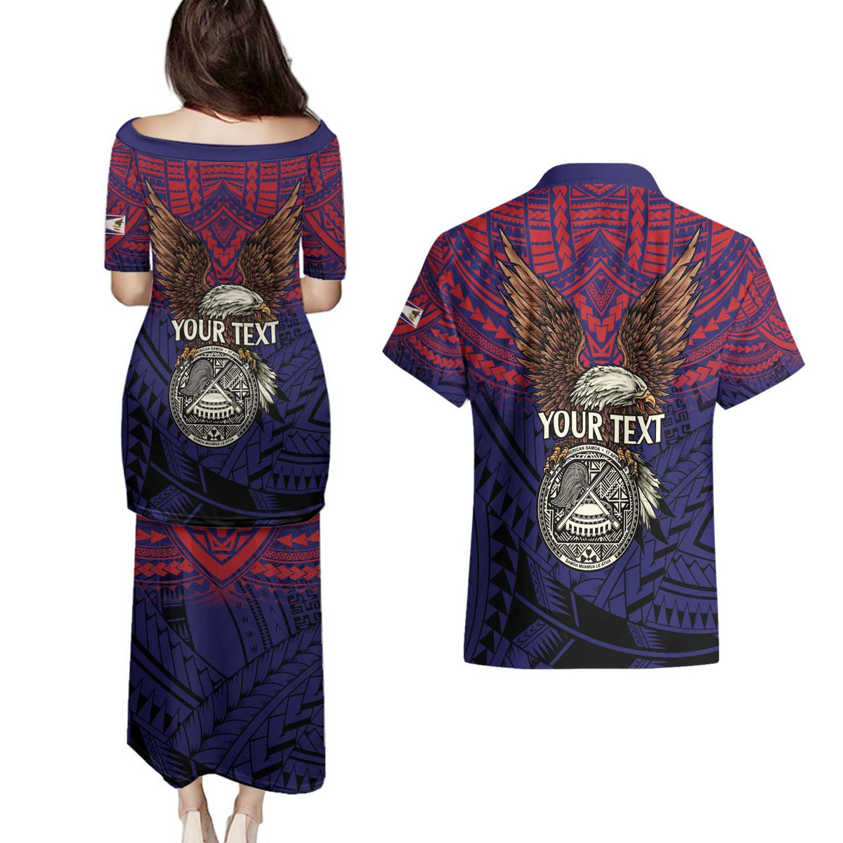 American Samoa Brave Eagle Personalized Couples Matching Puletasi and Hawaiian Shirt National Flag Color