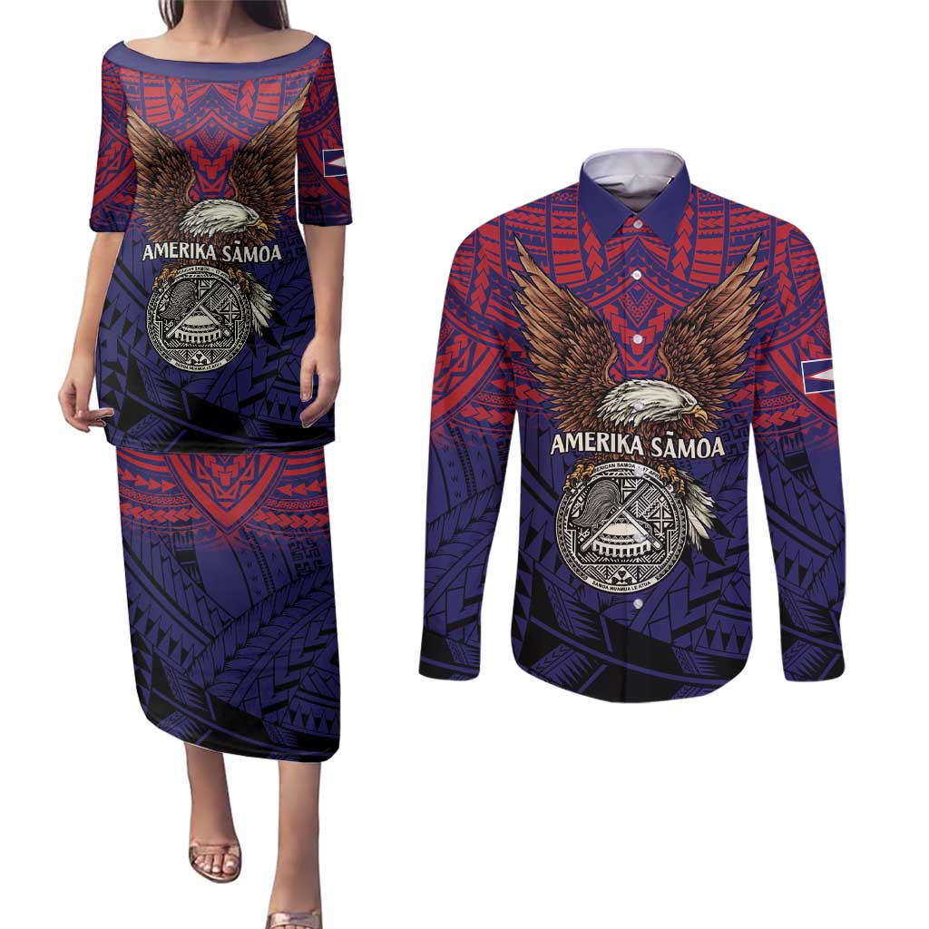 American Samoa Brave Eagle Personalized Couples Matching Puletasi and Long Sleeve Button Shirt National Flag Color LT9 Blue - Polynesian Pride