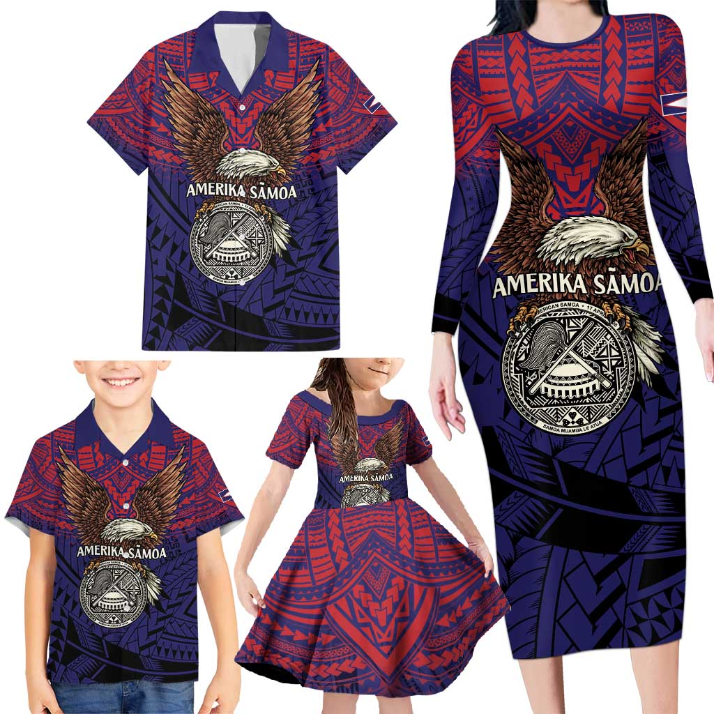 American Samoa Brave Eagle Personalized Family Matching Long Sleeve Bodycon Dress and Hawaiian Shirt National Flag Color LT9 - Polynesian Pride