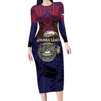 American Samoa Brave Eagle Personalized Family Matching Long Sleeve Bodycon Dress and Hawaiian Shirt National Flag Color LT9 Mom's Dress Blue - Polynesian Pride