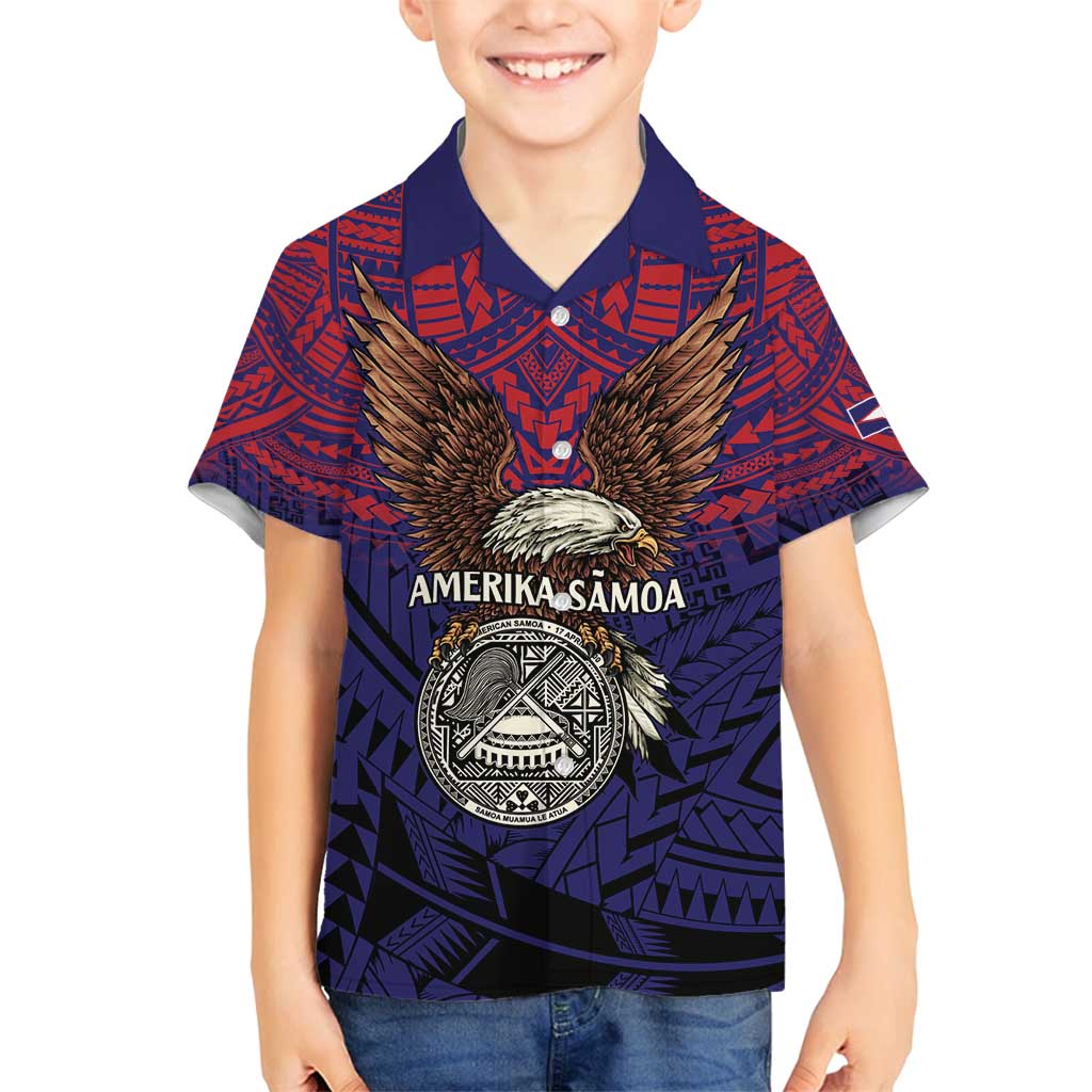 American Samoa Brave Eagle Personalized Family Matching Long Sleeve Bodycon Dress and Hawaiian Shirt National Flag Color LT9 Son's Shirt Blue - Polynesian Pride