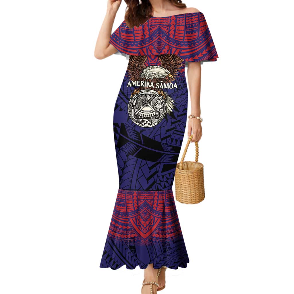 American Samoa Brave Eagle Personalized Family Matching Mermaid Dress and Hawaiian Shirt National Flag Color LT9 Mom's Dress Blue - Polynesian Pride