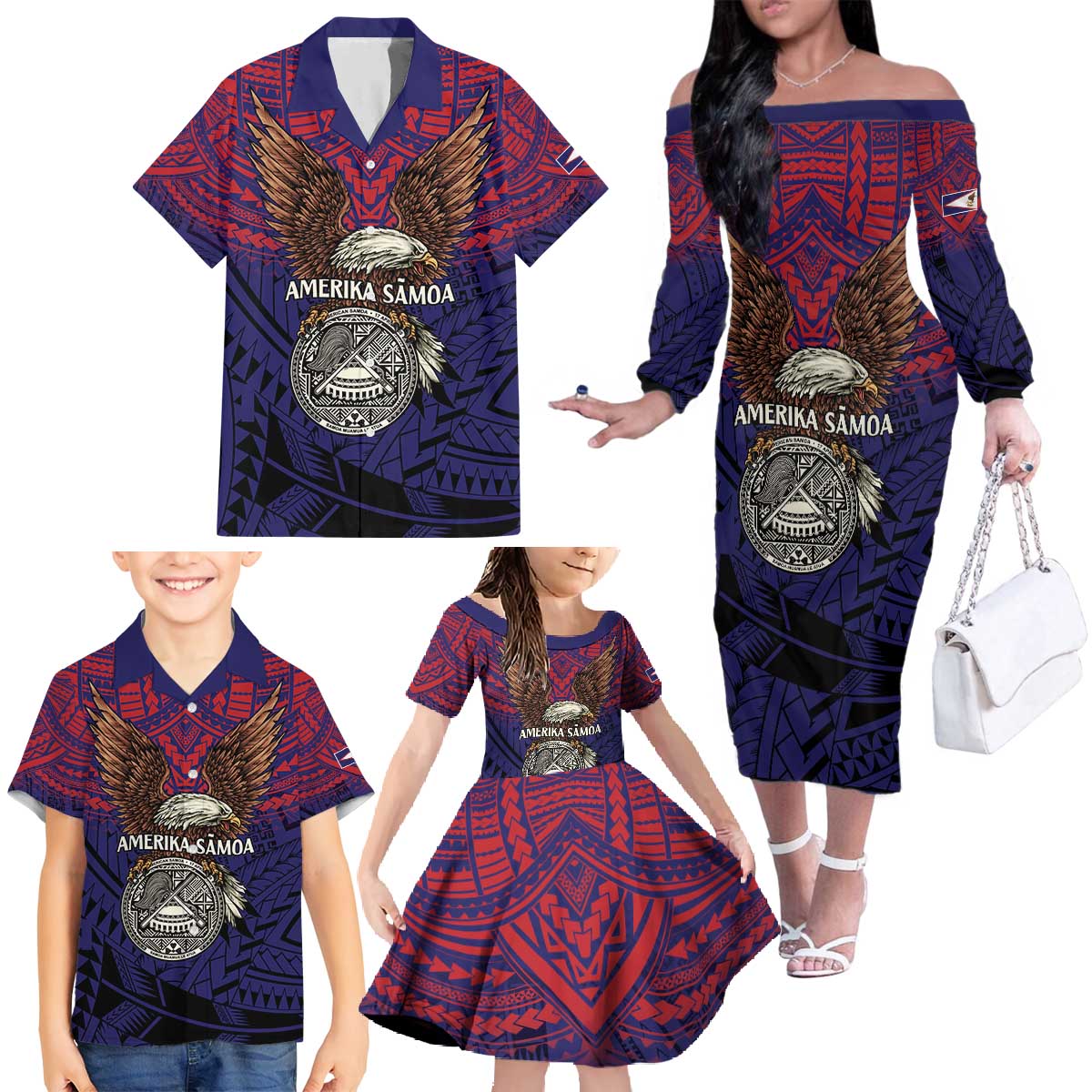 American Samoa Brave Eagle Personalized Family Matching Off The Shoulder Long Sleeve Dress and Hawaiian Shirt National Flag Color LT9 - Polynesian Pride